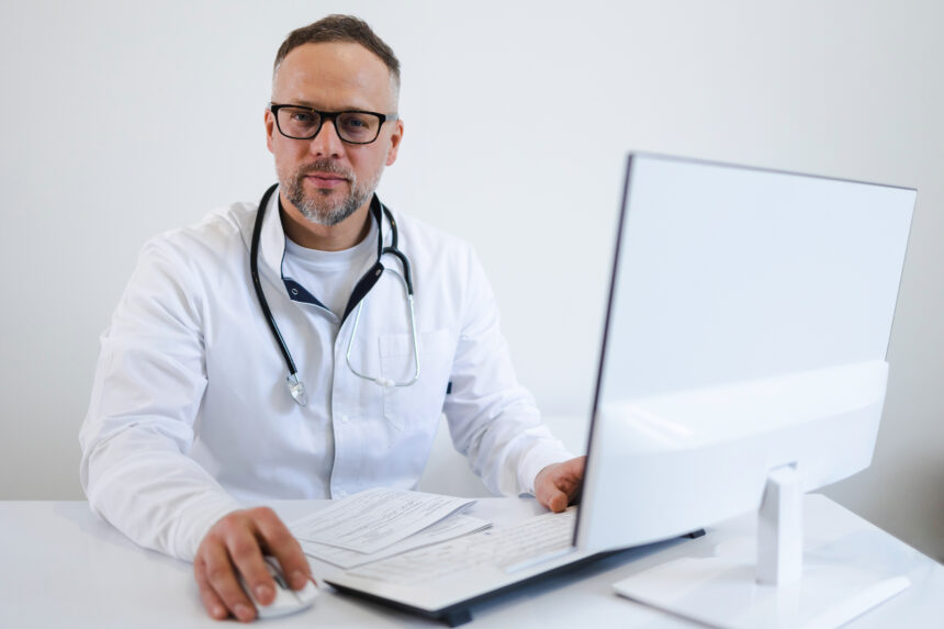 Portrait of a male doctor who works in the office at the computer Revolucionando o Acesso à Saúde com a Telemedicina
